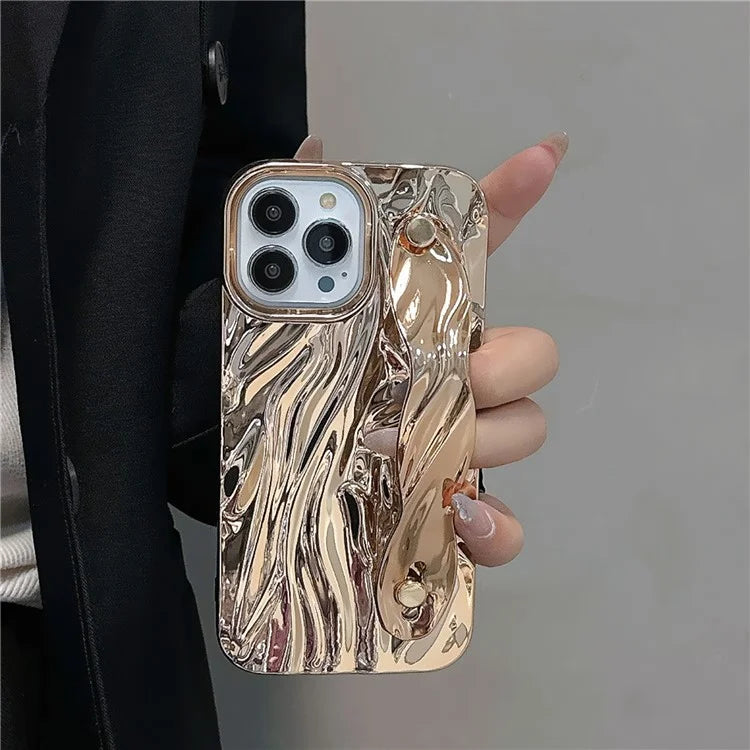 For iPhone 15 Pro Electroplating Phone Case Wristband Kickstand Wrinkled TPU Cover