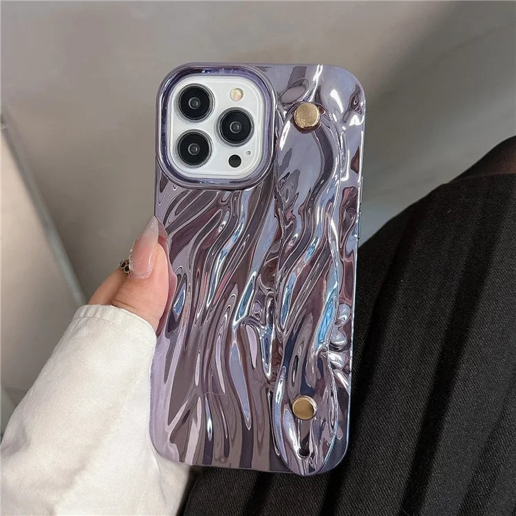 For iPhone 15 Pro Electroplating Phone Case Wristband Kickstand Wrinkled TPU Cover