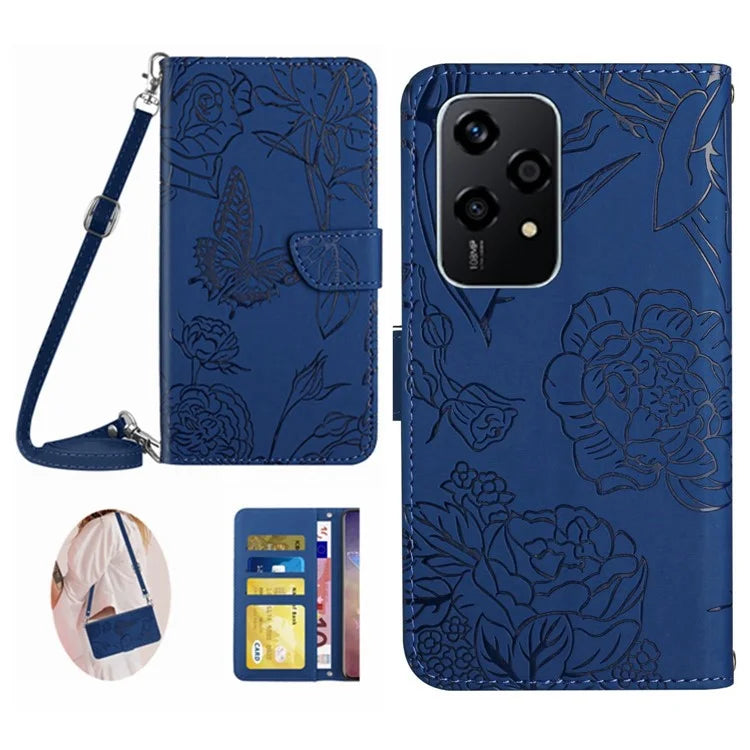 HT03 For Honor 200 Lite Case Butterfly Imprint Skin-touch Feeling Leather Phone Cover with Long Strap