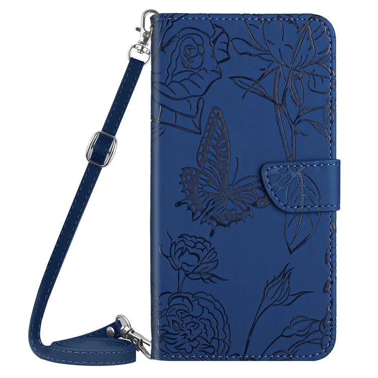 HT03 For Honor 200 Lite Case Butterfly Imprint Skin-touch Feeling Leather Phone Cover with Long Strap