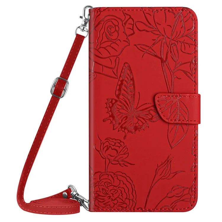 HT03 For Honor 200 Lite Case Butterfly Imprint Skin-touch Feeling Leather Phone Cover with Long Strap