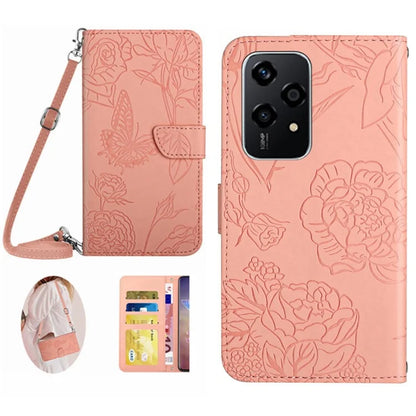 HT03 For Honor 200 Lite Case Butterfly Imprint Skin-touch Feeling Leather Phone Cover with Long Strap