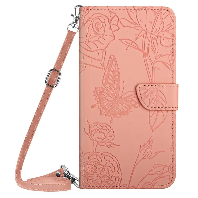 HT03 For Honor 200 Lite Case Butterfly Imprint Skin-touch Feeling Leather Phone Cover with Long Strap