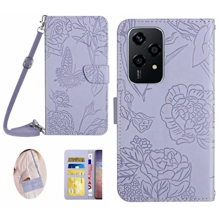 HT03 For Honor 200 Lite Case Butterfly Imprint Skin-touch Feeling Leather Phone Cover with Long Strap