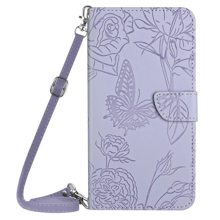 HT03 For Honor 200 Lite Case Butterfly Imprint Skin-touch Feeling Leather Phone Cover with Long Strap