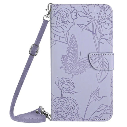 HT03 For Honor 200 Lite Case Butterfly Imprint Skin-touch Feeling Leather Phone Cover with Long Strap