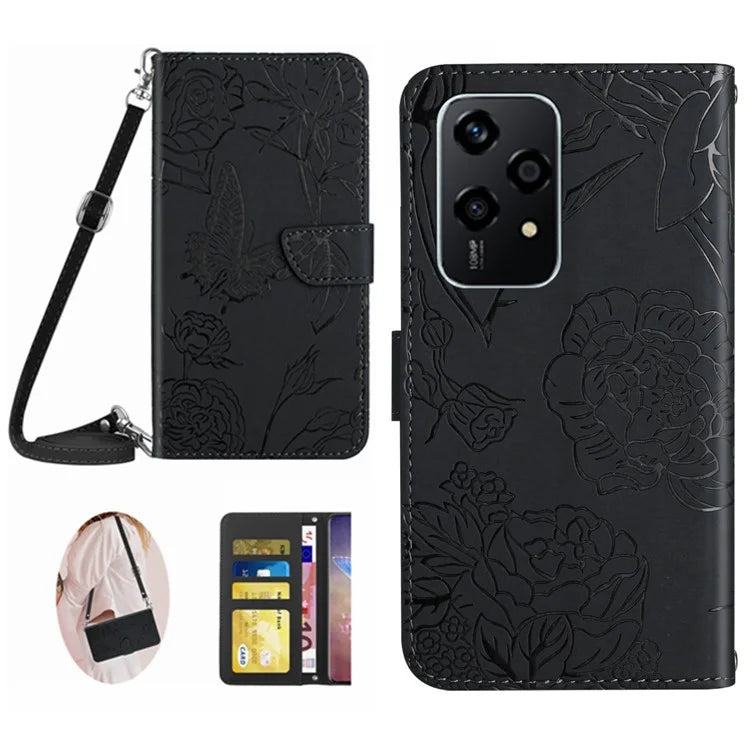 HT03 For Honor 200 Lite Case Butterfly Imprint Skin-touch Feeling Leather Phone Cover with Long Strap