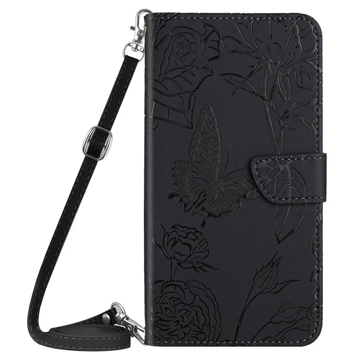 HT03 For Honor 200 Lite Case Butterfly Imprint Skin-touch Feeling Leather Phone Cover with Long Strap