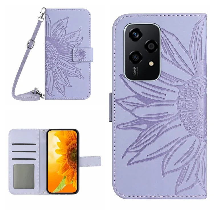 HT04 For Honor 200 Lite Case Imprinted Sunflower Leather Smartphone Cover with Shoulder Strap