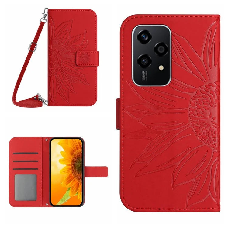 HT04 For Honor 200 Lite Case Imprinted Sunflower Leather Smartphone Cover with Shoulder Strap