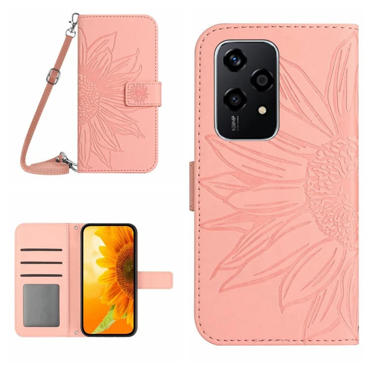 HT04 For Honor 200 Lite Case Imprinted Sunflower Leather Smartphone Cover with Shoulder Strap