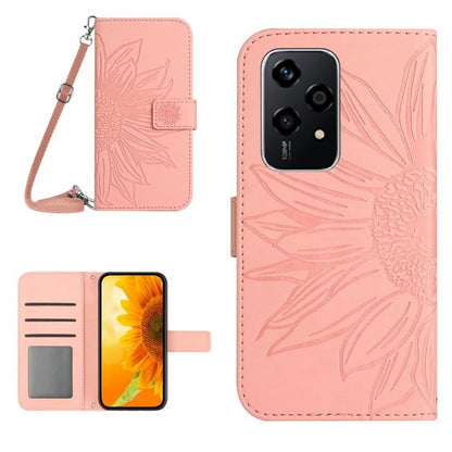 HT04 For Honor 200 Lite Case Imprinted Sunflower Leather Smartphone Cover with Shoulder Strap