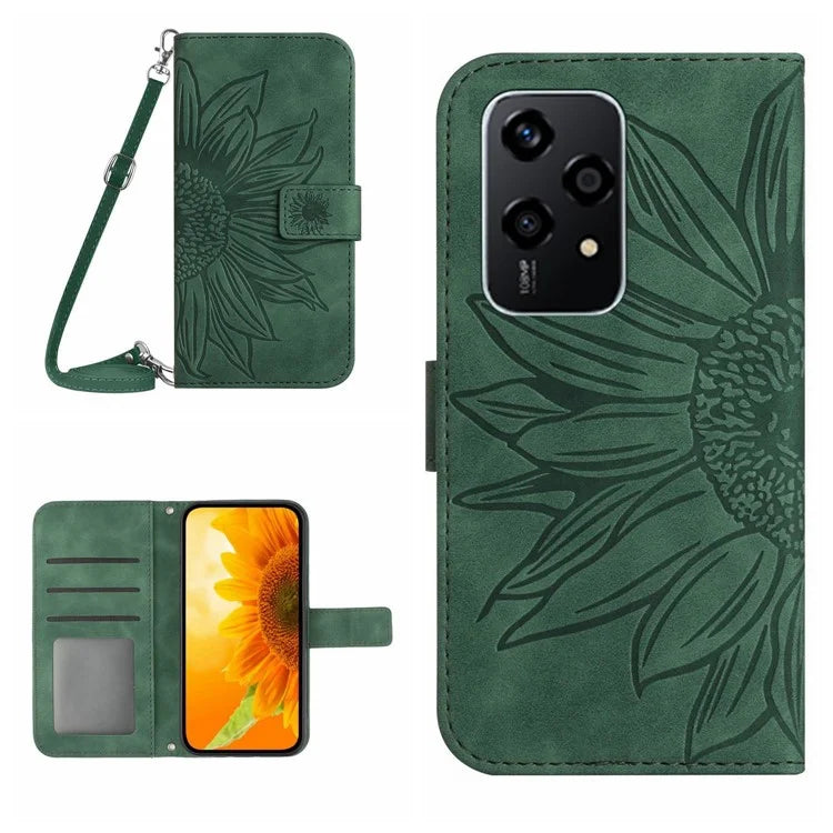 HT04 For Honor 200 Lite Case Imprinted Sunflower Leather Smartphone Cover with Shoulder Strap