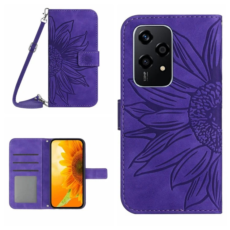 HT04 For Honor 200 Lite Case Imprinted Sunflower Leather Smartphone Cover with Shoulder Strap