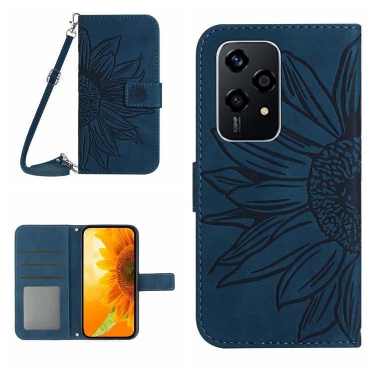 HT04 For Honor 200 Lite Case Imprinted Sunflower Leather Smartphone Cover with Shoulder Strap