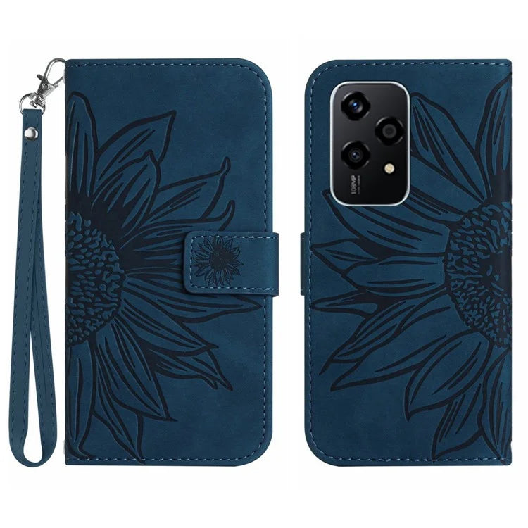 HT04 For Honor 200 Lite Case PU Leather Cell Phone Cover with Hand Strap Imprinted Sunflower Printed