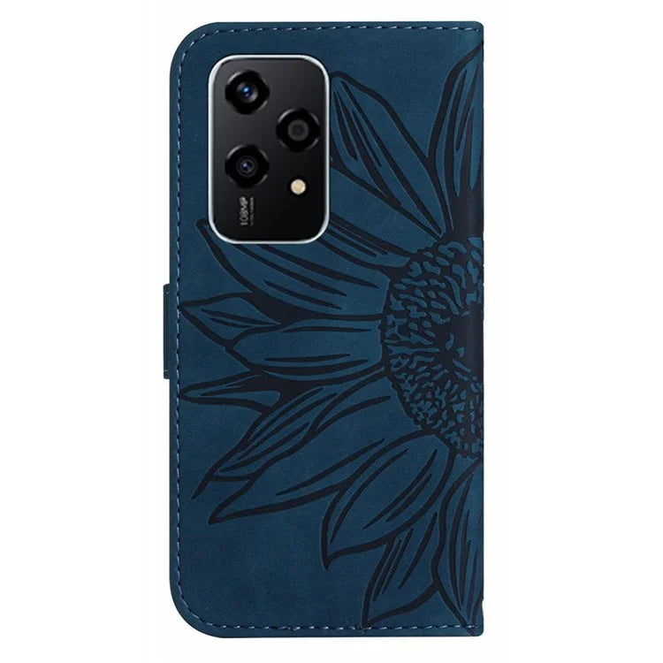 HT04 For Honor 200 Lite Case PU Leather Cell Phone Cover with Hand Strap Imprinted Sunflower Printed