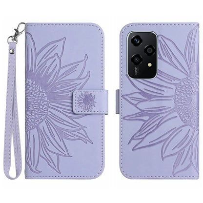HT04 For Honor 200 Lite Case PU Leather Cell Phone Cover with Hand Strap Imprinted Sunflower Printed