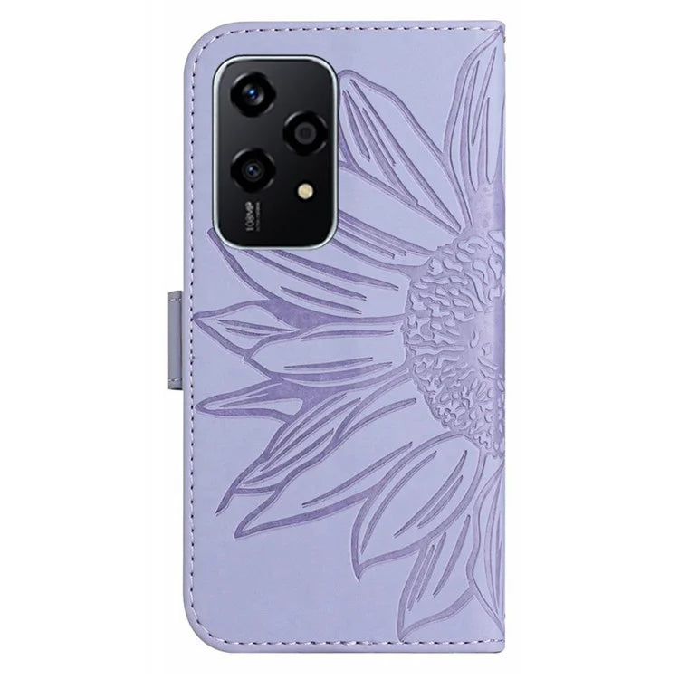 HT04 For Honor 200 Lite Case PU Leather Cell Phone Cover with Hand Strap Imprinted Sunflower Printed