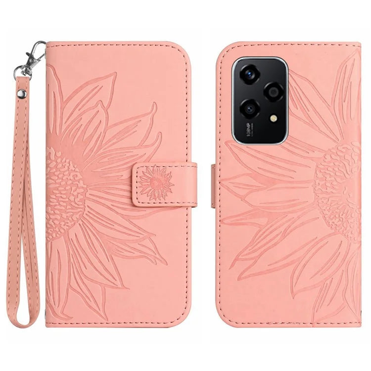 HT04 For Honor 200 Lite Case PU Leather Cell Phone Cover with Hand Strap Imprinted Sunflower Printed