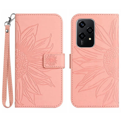 HT04 For Honor 200 Lite Case PU Leather Cell Phone Cover with Hand Strap Imprinted Sunflower Printed