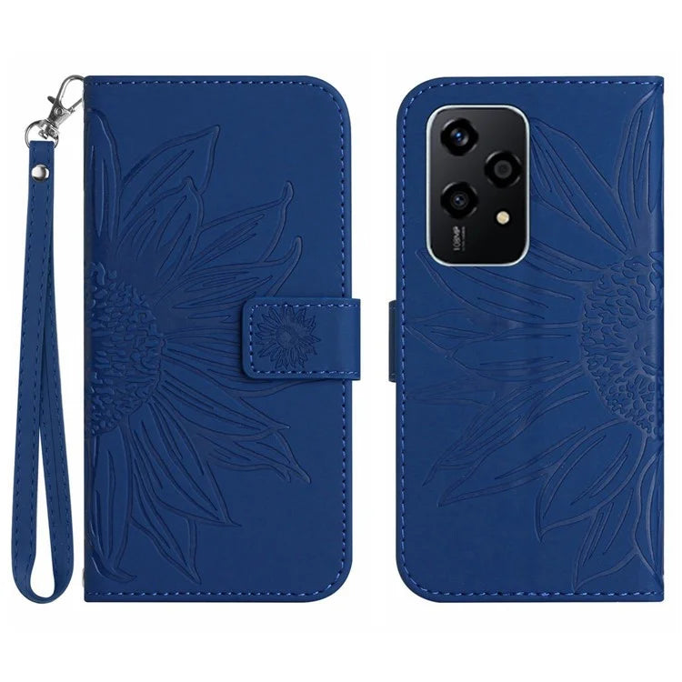 HT04 For Honor 200 Lite Case PU Leather Cell Phone Cover with Hand Strap Imprinted Sunflower Printed