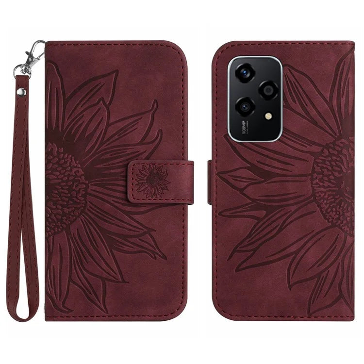 HT04 For Honor 200 Lite Case PU Leather Cell Phone Cover with Hand Strap Imprinted Sunflower Printed