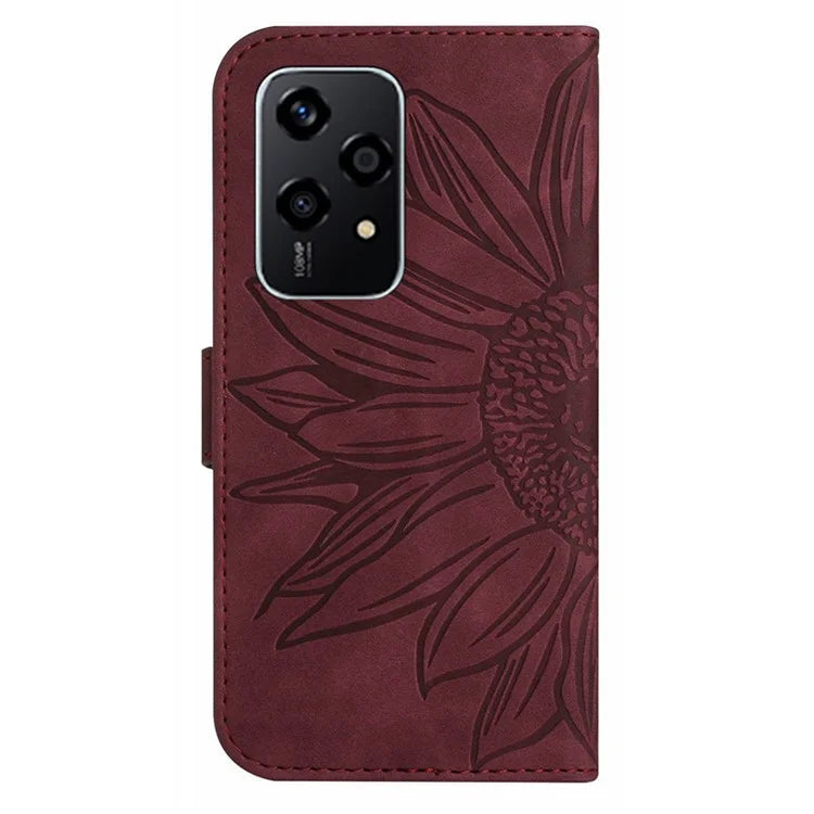 HT04 For Honor 200 Lite Case PU Leather Cell Phone Cover with Hand Strap Imprinted Sunflower Printed
