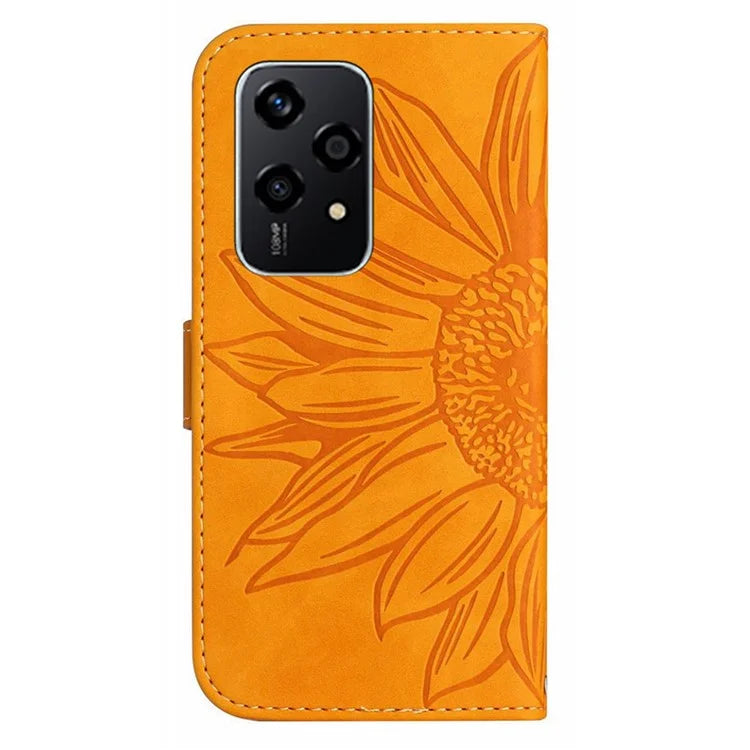 HT04 For Honor 200 Lite Case PU Leather Cell Phone Cover with Hand Strap Imprinted Sunflower Printed