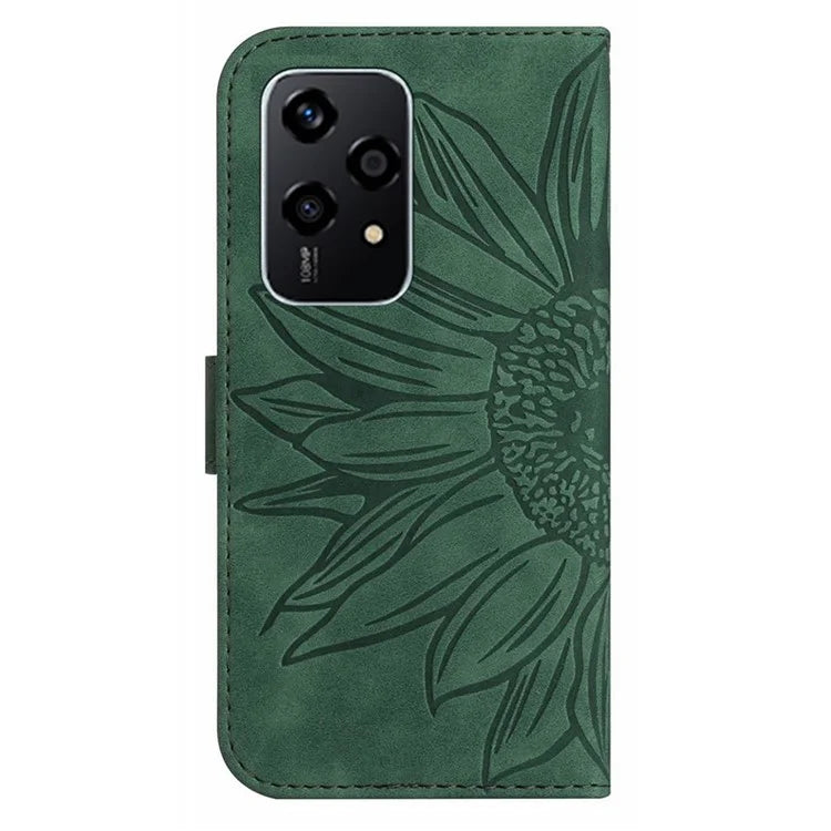 HT04 For Honor 200 Lite Case PU Leather Cell Phone Cover with Hand Strap Imprinted Sunflower Printed