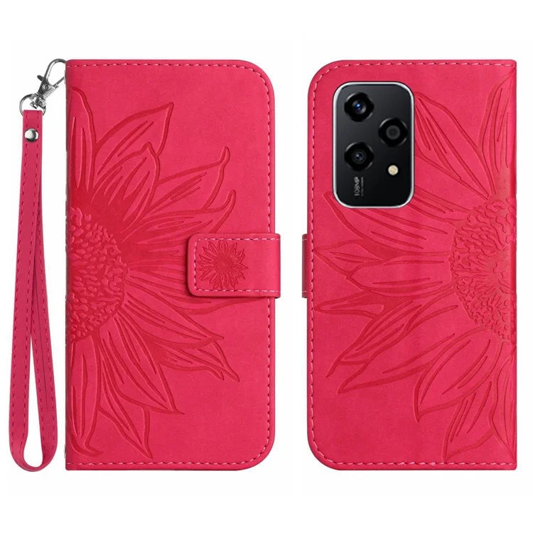 HT04 For Honor 200 Lite Case PU Leather Cell Phone Cover with Hand Strap Imprinted Sunflower Printed