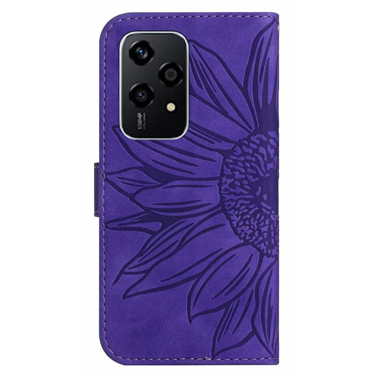 HT04 For Honor 200 Lite Case PU Leather Cell Phone Cover with Hand Strap Imprinted Sunflower Printed