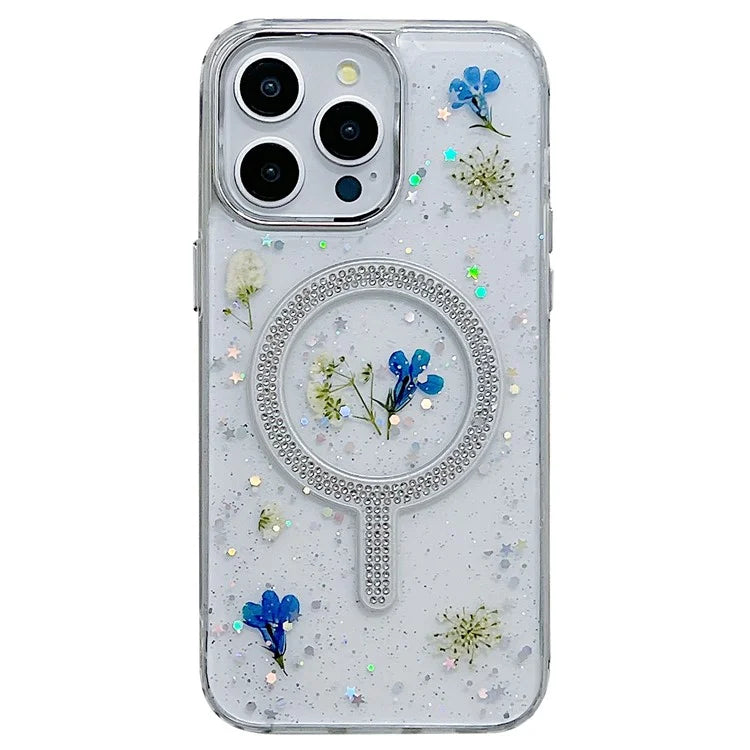 For iPhone 15 Pro Max Case Magnetic PC+TPU Epoxy Cell Phone Shell Dried Flower Decor