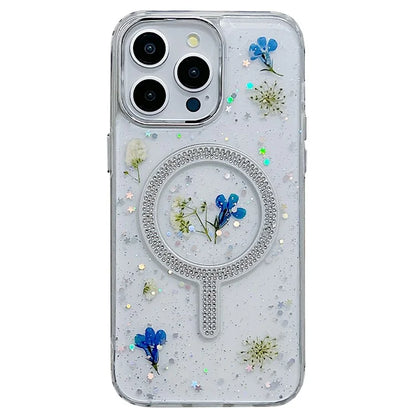 For iPhone 15 Pro Max Case Magnetic PC+TPU Epoxy Cell Phone Shell Dried Flower Decor