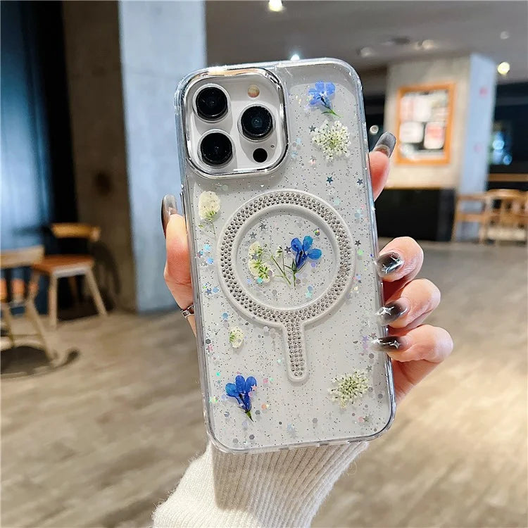 For iPhone 15 Pro Max Case Magnetic PC+TPU Epoxy Cell Phone Shell Dried Flower Decor