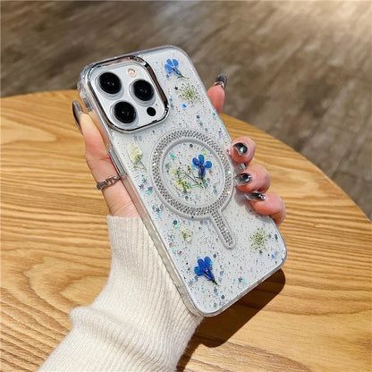 For iPhone 15 Pro Max Case Magnetic PC+TPU Epoxy Cell Phone Shell Dried Flower Decor