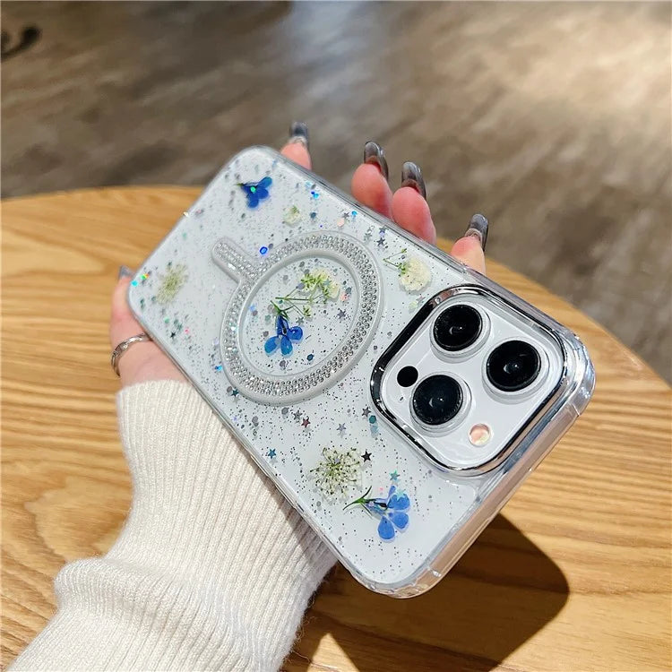 For iPhone 15 Pro Max Case Magnetic PC+TPU Epoxy Cell Phone Shell Dried Flower Decor