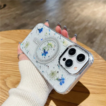 For iPhone 15 Pro Max Case Magnetic PC+TPU Epoxy Cell Phone Shell Dried Flower Decor