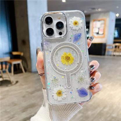 For iPhone 15 Pro Max Case Magnetic PC+TPU Epoxy Cell Phone Shell Dried Flower Decor