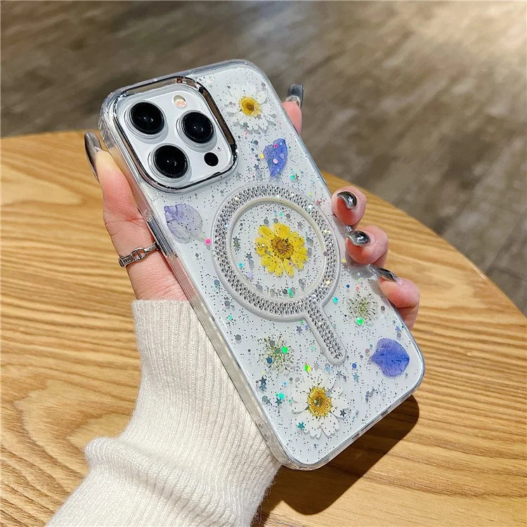 For iPhone 15 Pro Max Case Magnetic PC+TPU Epoxy Cell Phone Shell Dried Flower Decor