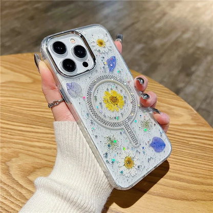 For iPhone 15 Pro Max Case Magnetic PC+TPU Epoxy Cell Phone Shell Dried Flower Decor