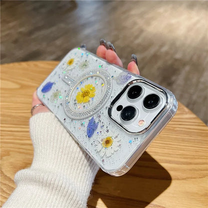 For iPhone 15 Pro Max Case Magnetic PC+TPU Epoxy Cell Phone Shell Dried Flower Decor