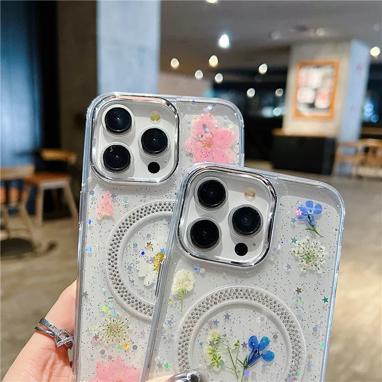 For iPhone 15 Pro Max Case Magnetic PC+TPU Epoxy Cell Phone Shell Dried Flower Decor
