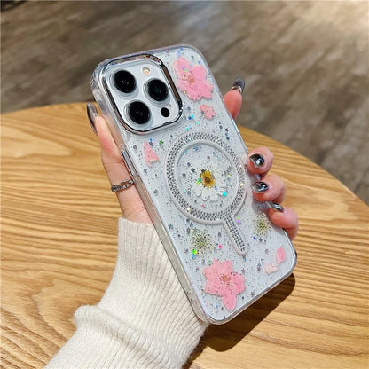 For iPhone 15 Pro Max Case Magnetic PC+TPU Epoxy Cell Phone Shell Dried Flower Decor