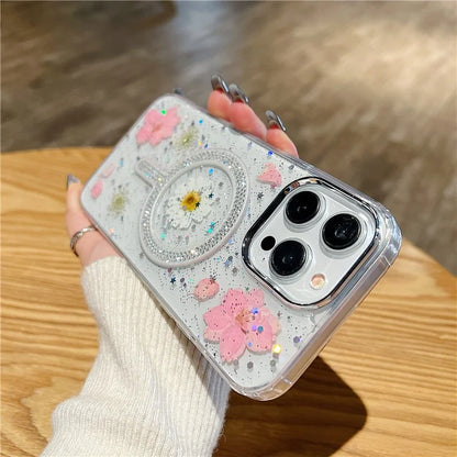 For iPhone 15 Pro Max Case Magnetic PC+TPU Epoxy Cell Phone Shell Dried Flower Decor