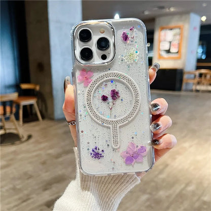For iPhone 15 Pro Max Case Magnetic PC+TPU Epoxy Cell Phone Shell Dried Flower Decor