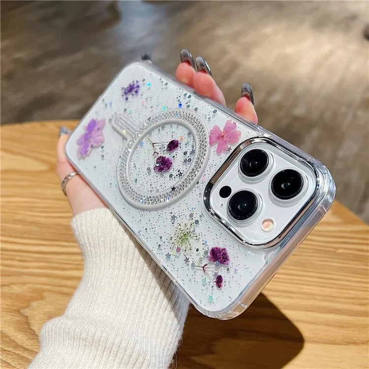 For iPhone 15 Pro Max Case Magnetic PC+TPU Epoxy Cell Phone Shell Dried Flower Decor