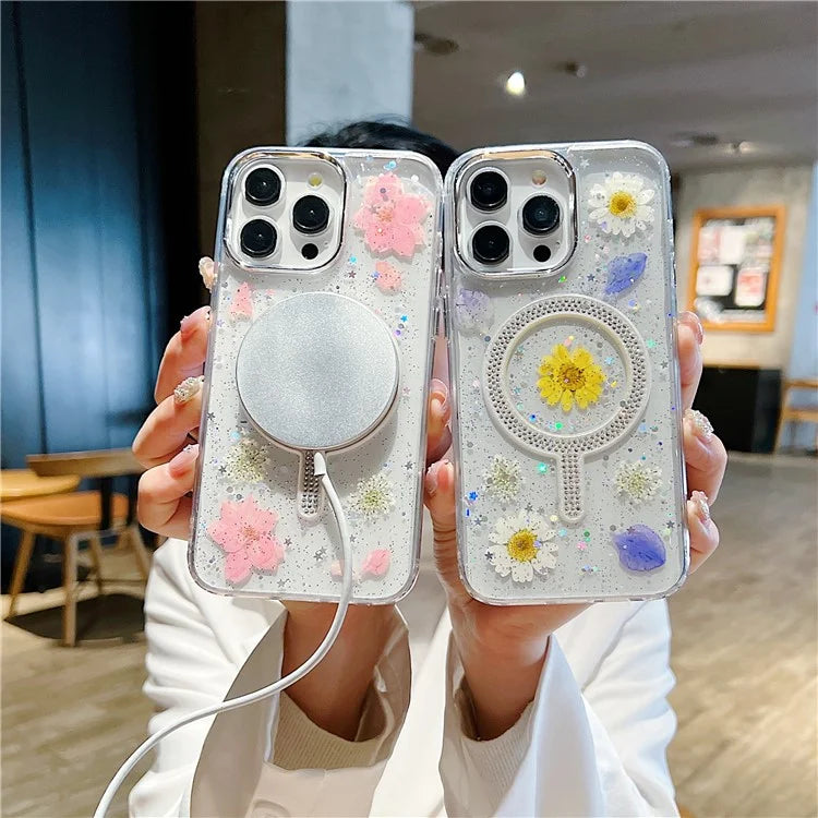 For iPhone 15 Pro Max Case Magnetic PC+TPU Epoxy Cell Phone Shell Dried Flower Decor
