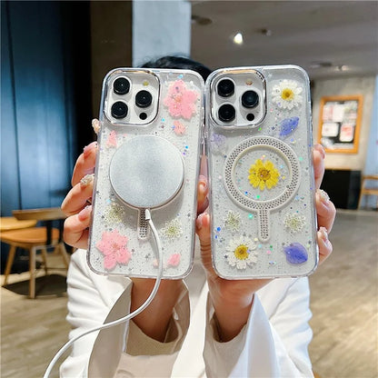 For iPhone 15 Pro Max Case Magnetic PC+TPU Epoxy Cell Phone Shell Dried Flower Decor