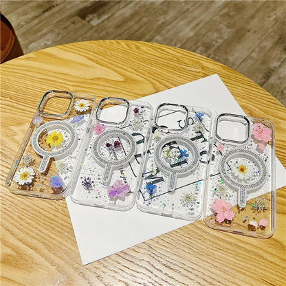For iPhone 15 Pro Max Case Magnetic PC+TPU Epoxy Cell Phone Shell Dried Flower Decor